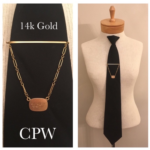 Vintage 14k Gold Tie Clip Chain & Initials “CPW” - Picture 2 of 14